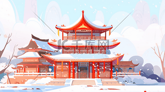 红色中国古建筑群风景插画112