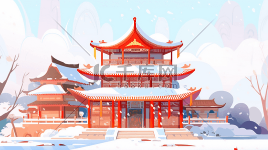 红色中国梦云插画图片_红色中国古建筑群风景插画112