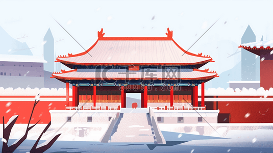 红色中国古建筑群风景插画9