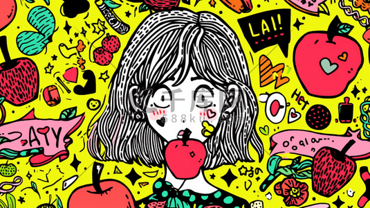 卡通女孩平面插画图片_吃水果的女孩手绘插画4