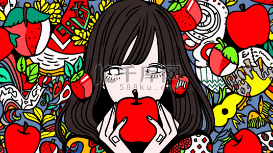 平面女孩插画图片_吃水果的女孩手绘插画3