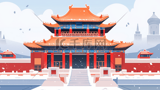 红色宫殿插画图片_红色中国古建筑群风景插画8