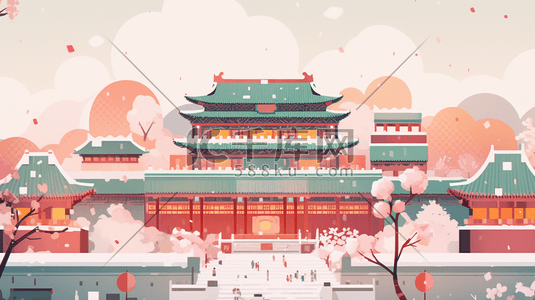 红色宫殿插画图片_红色中国古建筑群风景插画11