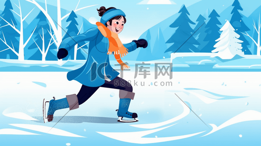 蓝色的数字6插画图片_冰雪湖面滑旱冰的小女孩插画6