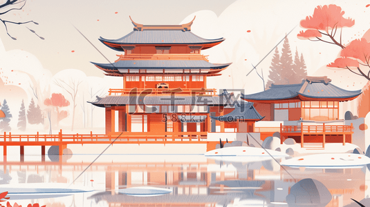 红色中国山水插画图片_红色中国古建筑群风景插图18