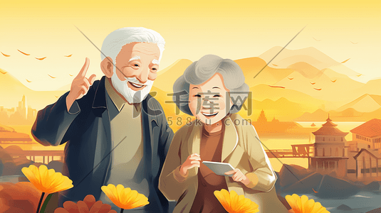 恩爱夫妻插画图片_重阳节老年夫妇插画