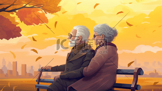 长椅上的老人插画图片_坐在公园长椅上的老年夫妇