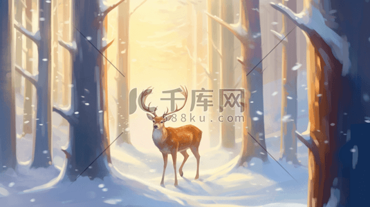 梅花鹿树枝插画图片_树林雪地里的梅花鹿插画2