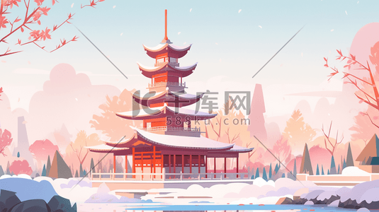红色中国古建筑群风景插画15