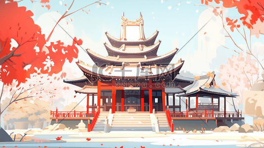红色中国古建筑群风景插画1