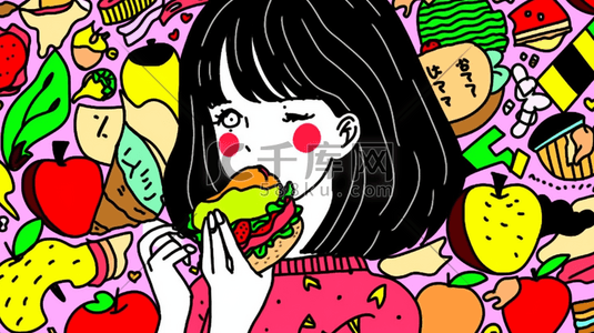 吃水果卡通插画图片_吃水果的女孩手绘插画14