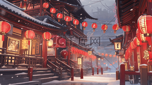 古典红色插画图片_红色中国风古建筑街道喜庆插画43
