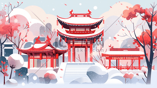 红色中国古建筑群风景插画3