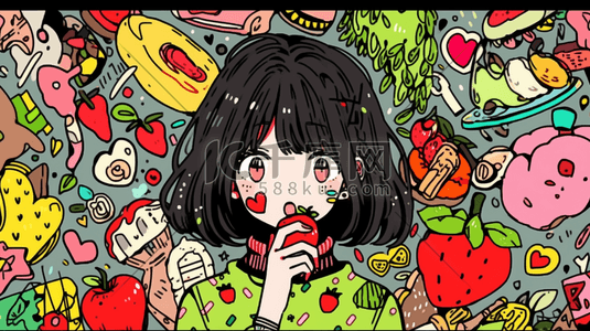 吃水果插画图片_吃水果的女孩手绘插画11
