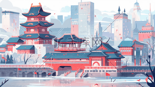 红色中国古建筑群唯美风景插画3