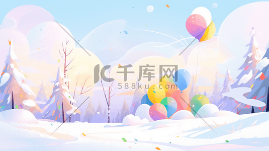 紫色唯美卡通插画图片_渐变色树林里的雪景唯美卡通插画1