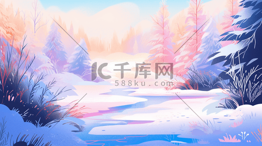 渐变色树林里的雪景唯美卡通插画17