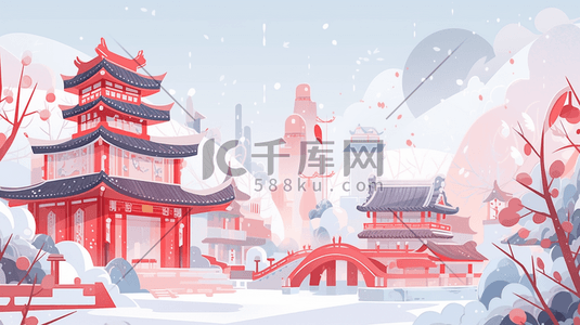 中国古典建筑插画图片_红色中国古典建筑风景插画7