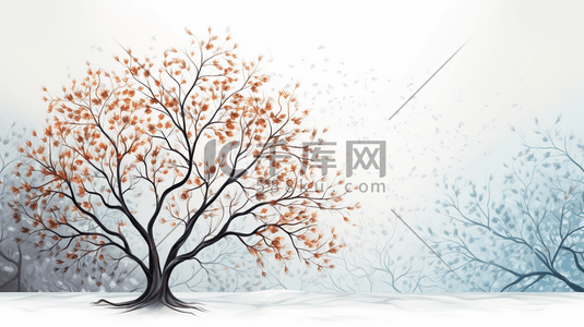 简约空间插画图片_冷色雪地里枯树简约卡通插画5