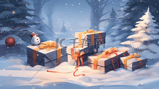 圣诞铃铛礼物插画图片_圣诞节雪地上的礼物