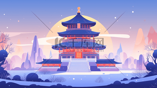 中国古典建筑插画图片_红色中国古典建筑风景插画8
