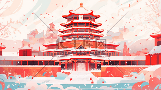 中国古典建筑插画图片_红色中国古典建筑风景插画4