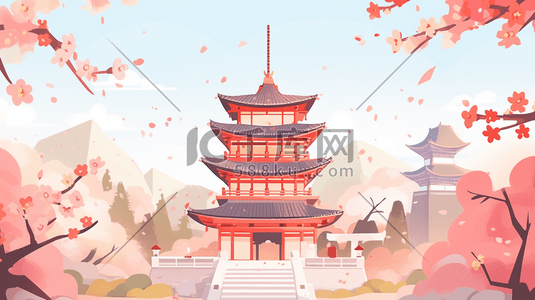 红色中国古典建筑风景插画12