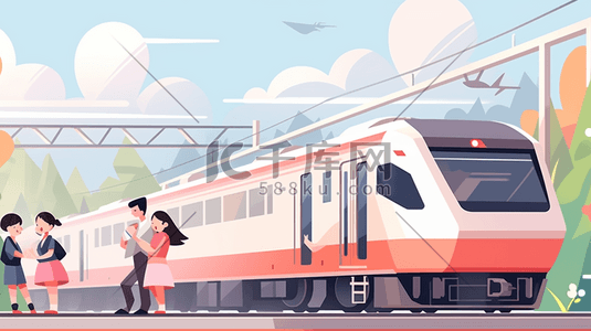 轻轨站台插画图片_火车站台的卡通人物插画11