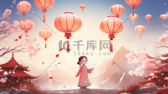 红色中国风节日喜庆卡通人物灯笼插画23