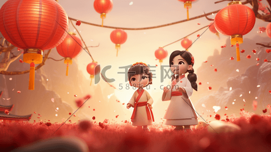 红色中国风节日喜庆卡通人物灯笼插画36