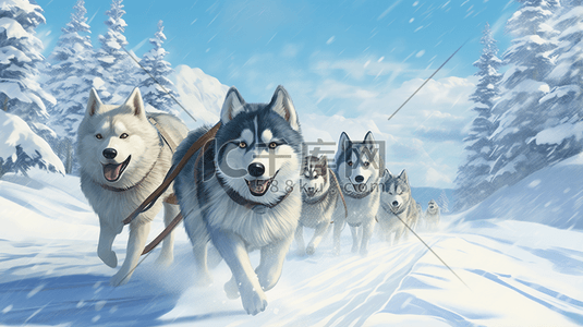 动画感雪地里奔跑的动物插画7