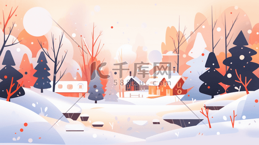 渐变色树林里的雪景唯美卡通插画31