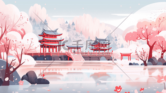 红色中国古典建筑风景插画10