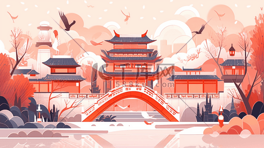 红色中国古典建筑风景插画11