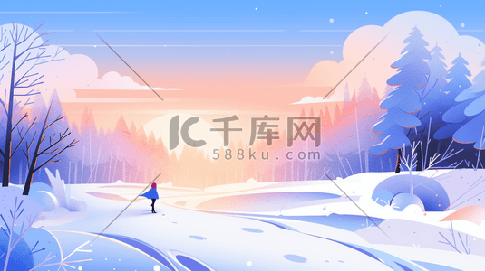 唯美渐变色插画图片_渐变色树林里的雪景唯美卡通插画24