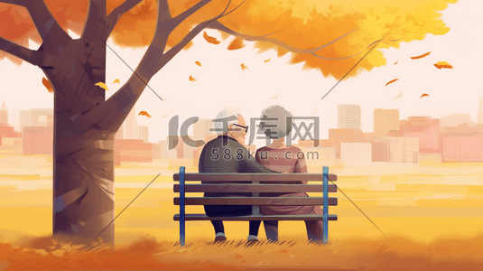 重阳节插画图片_坐在公园长椅上的老年夫妇