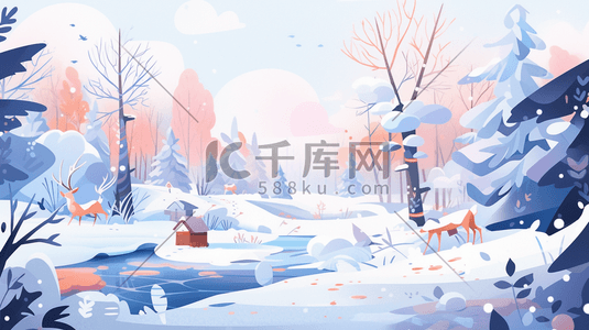 变色插画图片_渐变色树林里的雪景唯美卡通插画9