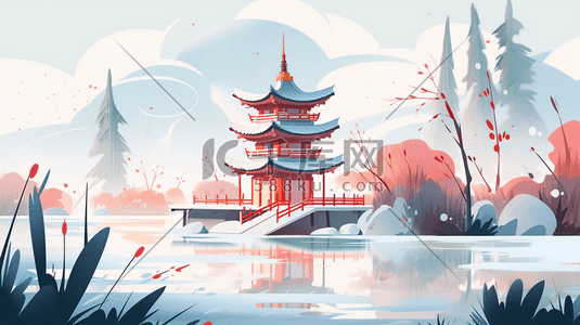 红色中国古典建筑风景插画21