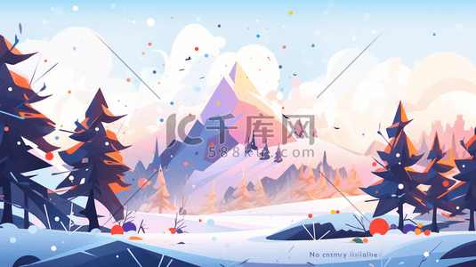 简约渐变色蓝色插画图片_渐变色树林里的雪景唯美卡通插画30