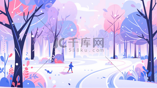 简约渐变色蓝色插画图片_渐变色树林里的雪景唯美卡通插画5