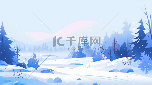 简约渐变色蓝色插画图片_渐变色树林里的雪景唯美卡通插画28