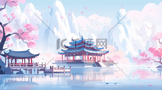 红色中国古典建筑风景插画28