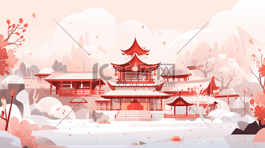 中国古典建筑插画图片_红色中国古典建筑风景插画6
