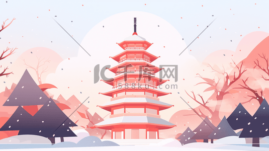 中国古典建筑插画图片_红色中国古典建筑风景插画3