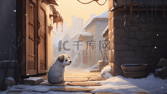 动画动物动画插画图片_动画感房子门前雪地里小狗插画7