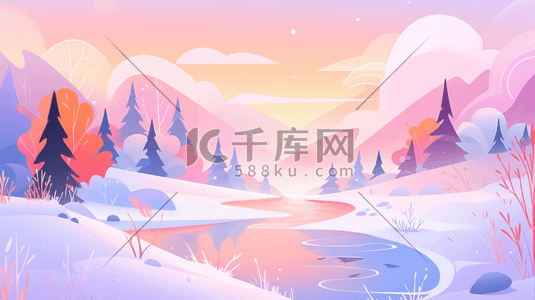 渐变色树林里的雪景唯美卡通插画16