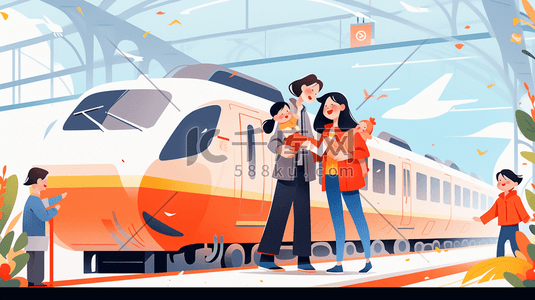 高铁的卡通插画图片_火车站台的卡通人物插画19