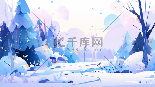 唯美渐变色插画图片_渐变色树林里的雪景唯美卡通插画7