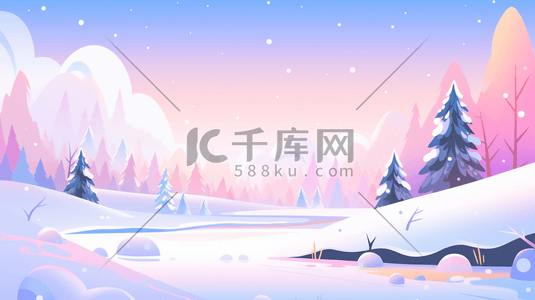 渐变色树林里的雪景唯美卡通插画10