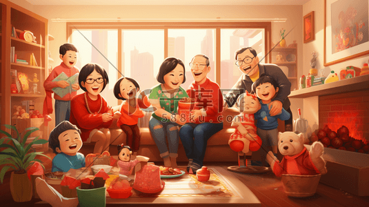 圣诞插画图片_中国传统节日欢聚一堂卡通插画2